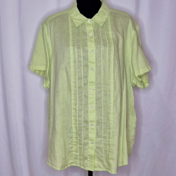 J. Jill Chartreuse Short Sleeve 100% Linen Pintuck Front Button Shirt - Size 3X - Picture 1 of 12